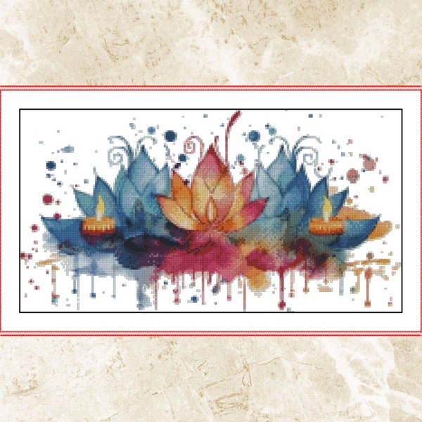 Modèle de point de croix yoga aquarelle, fleur de lotus, gardien des motifs, point de croix moderne, PDF, téléchargement immédiat