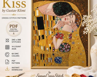 Het Kus van Gustav Klimt Kruissteekpatroon PDF | Pattern Keeper | Beroemd schilderij telpatroon voor kruissteek | Romantische kunst | Direct downloaden
