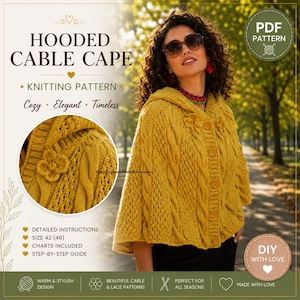 Peut inclure: Patron de tricot de cape à capuche en jaune moutarde. La cape présente un motif en tricot torsadé, une capuche et des ornements floraux. Le texte sur l'image indique "Hooded Cable Cape" et "Knitting Pattern".