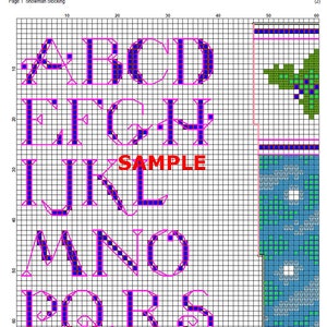 May include: A cross-stitch pattern chart on a grid featuring the alphabet letters A through S in blue with pink outlines. The text 'SAMPLE' appears in red in the center. To the right, a section shows a green leaf motif and a blue patterned background.