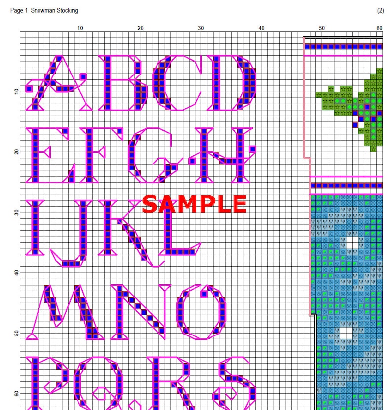 May include: A cross-stitch pattern chart on a grid featuring the alphabet letters A through S in blue with pink outlines. The text 'SAMPLE' appears in red in the center. To the right, a section shows a green leaf motif and a blue patterned background.