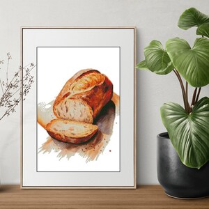 May include: A watercolor painting of a loaf of bread sliced in half, with the cut side facing the viewer. The bread is on a light brown surface, with a shadow cast to the right. The background is white.