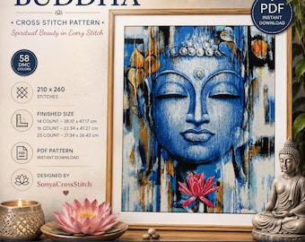 Buddha Cross Stitch Pattern, Pattern Keeper Compatible, Blue Buddha Embroidery PDF, Lotus Meditation Art, Buddhist Cross Stitch