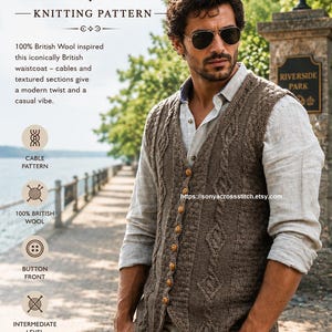 Może przedstawiać: Brązowa dzianinowa kamizelka ze wzorem warkoczowym i zapięciem na guziki z przodu. Tekst na obrazku brzmi WAISTCOAT KNITTING PATTERN, 100% British Wool, CABLE PATTERN, 100% BRITISH WOOL, BUTTON FRONT, INTERMEDIATE LEVEL, SIZES XS-S-M-L-XL-2/3XL-4/5XL.