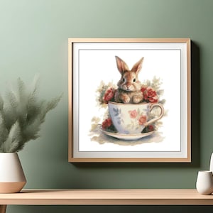 Patrón de punto de cruz de acuarela, Taza floral de conejito vintage, Vintage, Animal xstitch, Patrón, Bordado, Descarga instantánea