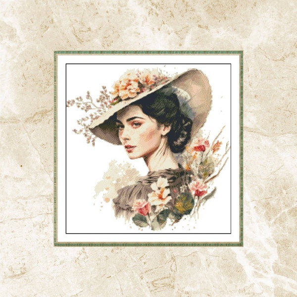 Cross Stitch Pattern,Woman in Flowered Hat,Victorian Girls,Romantic Woman,Pattern Keeper.Embroidery,Pdf,Instant Download