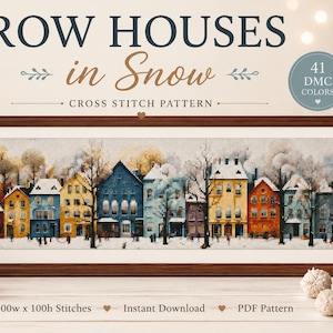 Row Houses in Snow Cross Stitch Pattern PDF | Winter Village Landscape | Colorful Houses Embroidery Chart | Modern Counted Cross Stitch