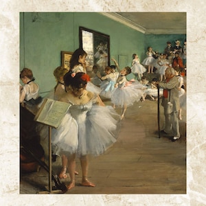 May include: A painting depicting a ballet class in a light green room. The dancers are wearing white tutus and are practicing their moves. There is a man with a cane standing in the background, observing the class.