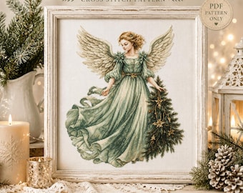 Christmas Tree Angel Cross Stitch Pattern PDF, Vintage Angel Embroidery Chart, Holiday Decor, 39 DMC Colors, Instant Download