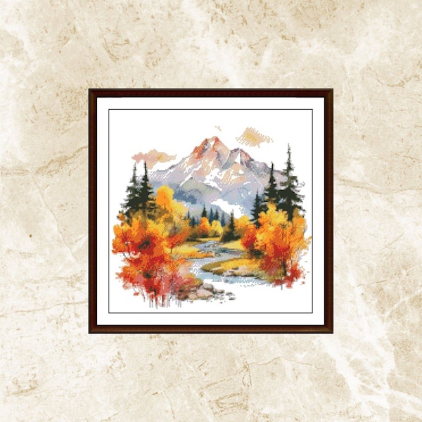 Watercolor Cross Stitch Pattern,Majestic Mountain in Autumn,Pattern Keeper,xstitch,Embroidery,PDF,Instant Download