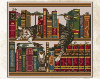 May include: A brown and tabby cat is sleeping on a bookshelf filled with books. The cat is curled up on the top shelf, with its head resting on a book titled "Corporate Fat Cats". There are other books on the shelf, including "The Three Mouseketeers", "Nine Lives", "Bye Bye Birdie", and "The Giant Rodent". On the bottom shelf, there are books titled "Tale of Two Kitties", "Fish Ponds", "3 Wined Mice", "Holy Cats", "Catalog of Hairballs", and "Garbage Can Guide". There is also a small owl figurine on the bottom shelf.
