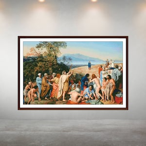 May include: A painting depicting a group of people in a landscape setting. The figures are dressed in various styles of clothing, some are wearing robes, others are nude. The scene appears to be a religious gathering, with a figure in the distance possibly representing a religious leader.