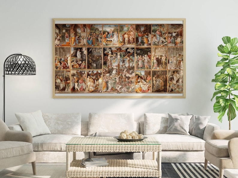 May include: A large, detailed painting depicting a series of scenes from the life of Jesus Christ. The painting is divided into 16 individual panels, each depicting a different event. The scenes are painted in a realistic style, with vibrant colours and intricate details.