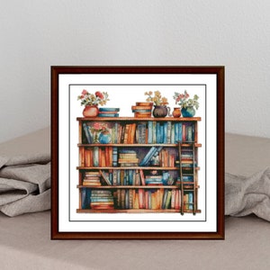 Może przedstawiać: Ilustracja w ramie przedstawiająca drewnianą biblioteczkę wypełnioną kolorowymi książkami. Biblioteczka ma trzy półki i małą drabinę. Na górnej półce znajdują się doniczki z roślinami.