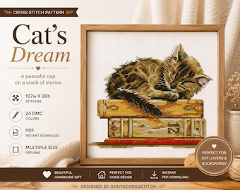 Cat's Dream Cross Stitch Pattern PDF | Sleeping Cat on Books | Cute Cat Embroidery Chart | Instant Download