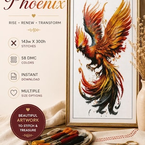 Modèle de point de croix Phénix (PDF), Grille de broderie Oiseau de Feu Mythique, Point de Croix Oiseau Fantastique, 58 Couleurs DMC, Téléchargement Instantané
