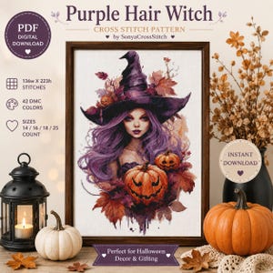Purple Hair Witch Cross Stitch Pattern PDF, Halloween Witch Embroidery Chart, Gothic Fantasy, Instant Download