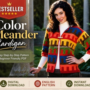 May include: A woman wearing a colorful, meander-patterned cardigan. The cardigan features a variety of colors, including red, orange, yellow, green, and blue. The image also includes text that reads "Color Meander Cardigan" and "Easy Step-by-Step Pattern."