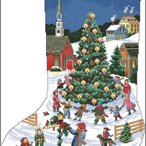 May include: A Christmas stocking featuring a cross-stitch design of a snowy village scene at night. A large decorated tree with lit candles stands in the center, surrounded by people holding hands. A sign labeled ELM ST is visible near a lamp post.