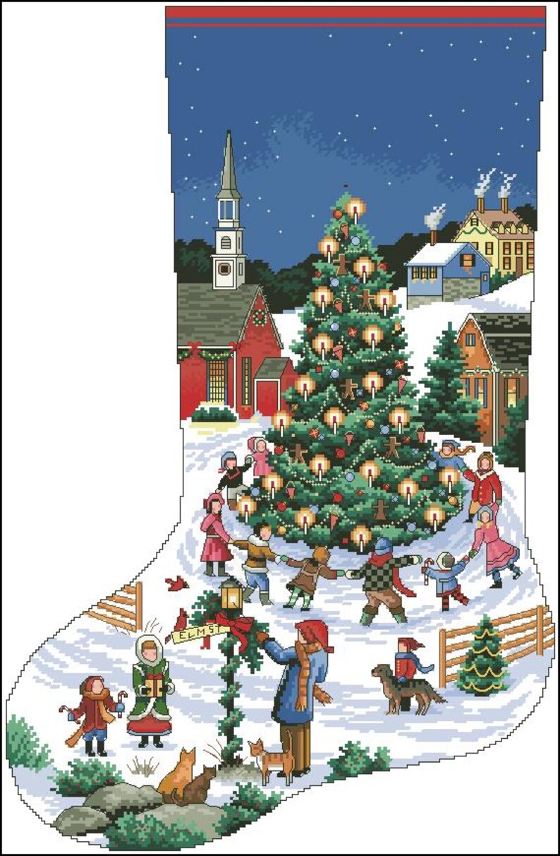 May include: A Christmas stocking featuring a cross-stitch design of a snowy village scene at night. A large decorated tree with lit candles stands in the center, surrounded by people holding hands. A sign labeled ELM ST is visible near a lamp post.