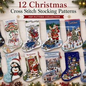 May include: A collection of 12 Christmas cross stitch stocking patterns displayed as a PDF pattern collection. Each stocking features unique holiday imagery including angels, Santa Claus, snowmen, nativity scenes, and winter landscapes with names.