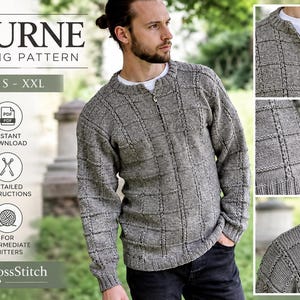 Puede incluir: Un suéter gris de manga larga con un patrón de cuadrícula texturizado y cierre de cremallera frontal. El texto BOURNE KNITTING PATTERN SIZES S - XXL es visible. El diseño presenta un cuello y puños acanalados, mostrados en varias vistas.