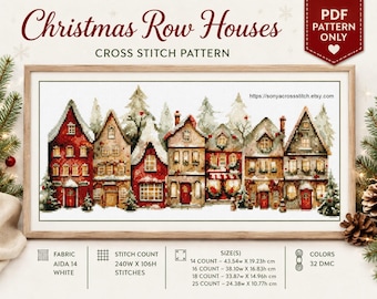 Christmas Row Houses Cross Stitch Pattern PDF, Winter Village, Snowy Houses, Holiday Decor, Aida 14, Instant Download