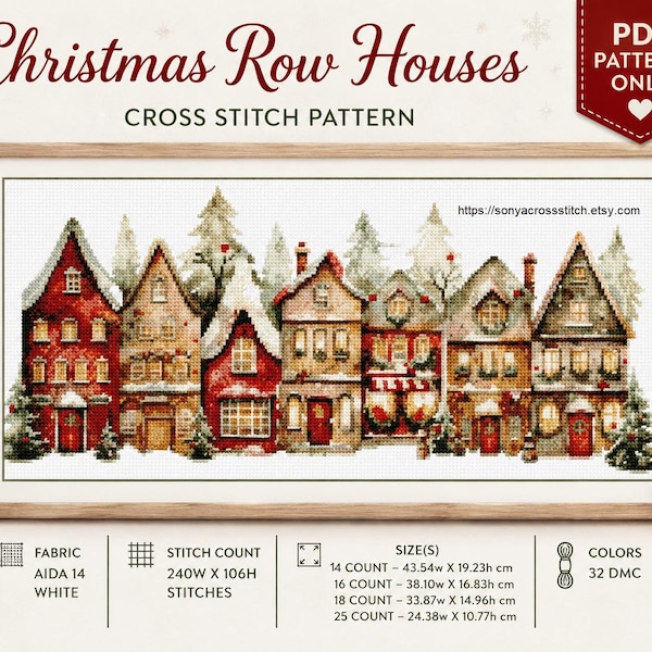 Noël, maisons mitoyennes, point de croix, motif PDF, village d'hiver, maisons enneigées, décoration des fêtes, Aida 14, téléchargement immédiat