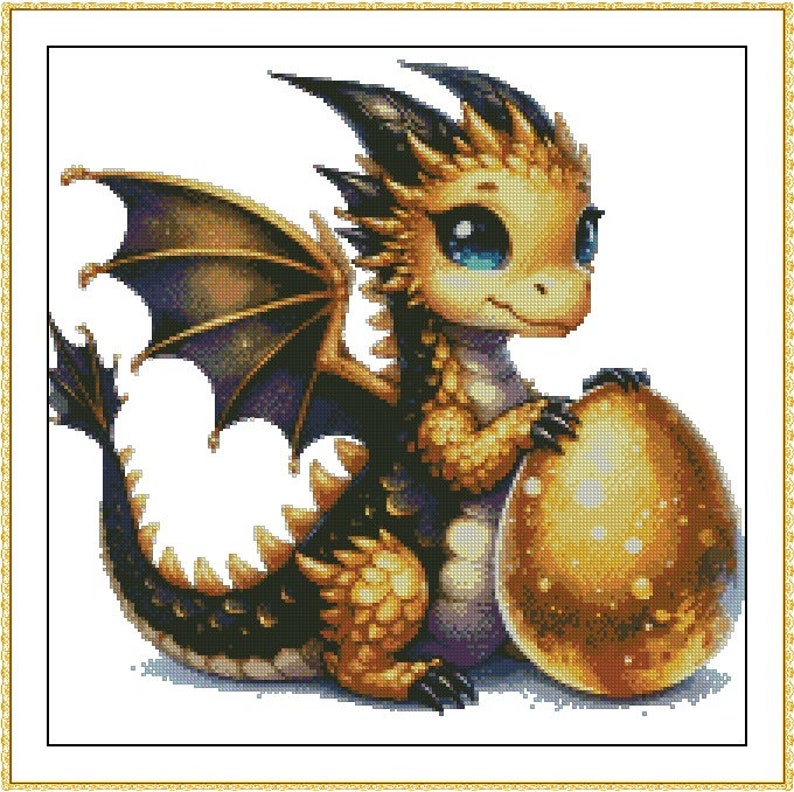 Watercolor Cross Stitch Pattern,baby Golden Dragon,xstitch,black Dragon