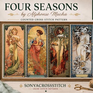 May include: A digital counted cross stitch pattern titled Four Seasons by Alphonse Mucha. The image displays four vertical panels depicting women representing spring, summer, autumn, and winter. Text includes 460w x 259h stitches and 59 DMC colors.
