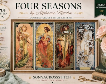 Las Cuatro Estaciones de Alphonse Mucha - Patrón de punto de cruz / PDF Art Nouveau / Patrón de punto de cruz contado / Arte vintage / Compatible con Pattern Keeper