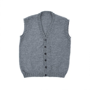 May include: A gray, sleeveless cardigan sweater with a V-neck and button-down front. The sweater is made of a knitted material and has ribbed detailing around the neckline, armholes, and hem.