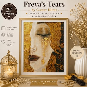 Pode incluir: Um padrão digital de ponto cruz intitulado Freya's Tears de Gustav Klimt, apresentando um retrato de um rosto com lágrimas douradas. Os detalhes incluem 240w x 300h pontos, 52 cores DMC e tamanhos para tecidos de 14, 16 e 25 count.