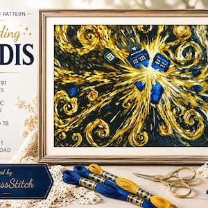 May include: A cross stitch pattern titled Exploding TARDIS featuring a blue police box in a swirling yellow and black cosmic scene. The image includes text details like 300 x 191 stitches, 38 DMC colors, and 14, 16, 18 count, with embroidery floss and a TARDIS model.