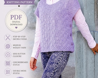 Vest with Checkerboard and Double Moss Stitch Knitting Pattern PDF | Side Button Sweater Vest | Instant Download