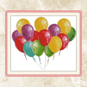 Aquarell Bunte Luftballons Kreuzstichmuster, Luftballons, Musterhalter, Stickerei, XStitch-Muster, PDF, Sofortiger Download