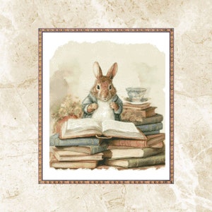 Watercolor Cross Stitch Pattern,Vintage Rabbit with Big Book,Animal xstitch,Pattern Keeper,Embroidery,Instant Download