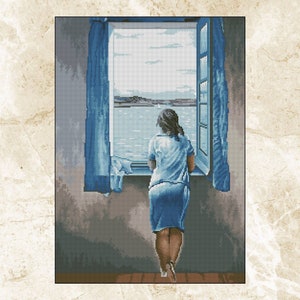 May include: A cross-stitch artwork depicts a person gazing out an open window at a seascape. The person is wearing a light blue dress. The window frame and curtains are a darker shade of blue. The scene is rendered in a pixelated style.