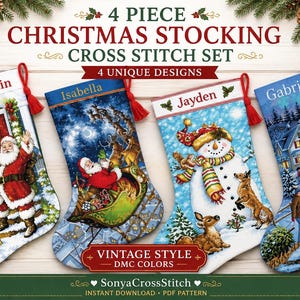 Puede incluir: Un conjunto de 4 calcetines navideños de punto de cruz con cuatro diseños únicos que incluyen los nombres Benjamin, Isabella, Jayden y Gabrielle. Los patrones muestran a Santa Claus, un trineo, un muñeco de nieve y un pueblo invernal.