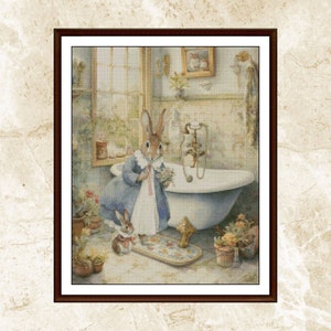 Watercolor Cross Stitch Pattern,Vintage Happy Rabbit Family: Bathroom,Animal xstitch,Pattern Keeper,Embroidery,Instant Download