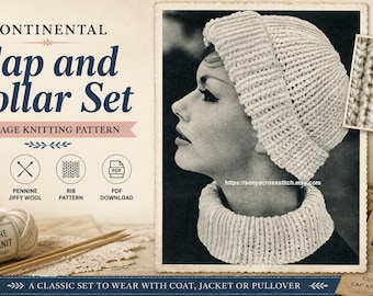 Vintage Knitting Pattern Cap and Collar Set, Continental Hat Pattern, Ribbed Knit Hat and Collar PDF,Retro Knitting Pattern,Instant Download