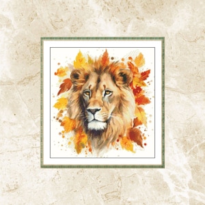 Aquarell Kreuzstich Muster, Löwe und Herbst Blätter, Kreuzstich Muster, Stickmuster, Stickerei, Pdf, Sofort Download