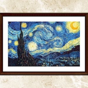 May include: A framed print of Vincent van Gogh's famous painting, "The Starry Night." The painting depicts a swirling night sky with a bright yellow moon and stars, and a small town in the foreground.