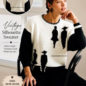 Könnte beinhalten: Ein langärmeliger Strickpullover mit weißer Basis, schwarzen Ärmeln und einem schwarzen Grafikmuster aus vier Silhouetten. Der Rundhalsausschnitt hat einen schwarzen Rand. Der Text auf dem Bild umfasst Vintage Silhouette Sweater, Knitting Pattern PDF und die Größen 38/40 (42/44).