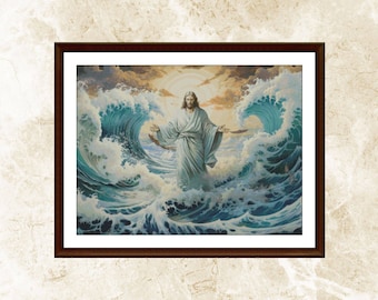 Jesus Cross Stitch Pattern,Savior Jesus Christ,Sea Waves,Patern Keeper,xstitch,Embroidery,Pdf,Instant Download