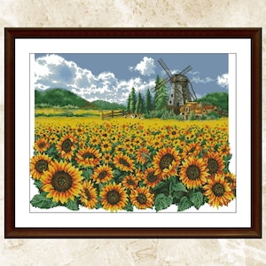 Patrón de punto de cruz de girasoles,Girasoles en un sueño,Campo de girasoles,Naturaleza de la granja,Guardián del patrón,xstitch,Bordado,Pdf,Descarga instantánea