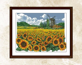 Sunflowers Field Cross Stitch Pattern: Farm Nature Embroidery (PDF)