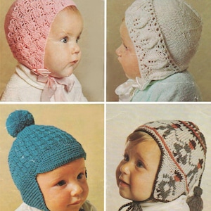 May include: Four vintage baby bonnets in a collage. The bonnets are in pink, white, teal, and a patterned design. The pink bonnet has a lace design and a bow. The white bonnet has a floral design. The teal bonnet has a pom-pom. The patterned bonnet has ear flaps.