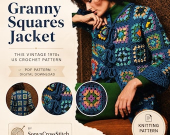 Wzór na szydełkową kurtkę Grandma Squares w formacie PDF, kardigan szydełkowy w stylu vintage z lat 70. XX wieku, kurtka Grandma Squares, wersja cyfrowa do pobrania