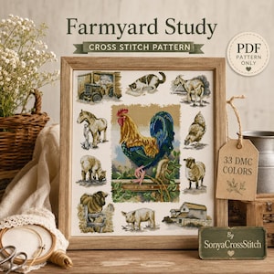 May include: A framed cross stitch pattern titled Farmyard Study featuring a central rooster surrounded by various farm animals including a horse, sheep, pig, cat, and goat. The design includes a PDF pattern only label and a tag noting 33 DMC colours.